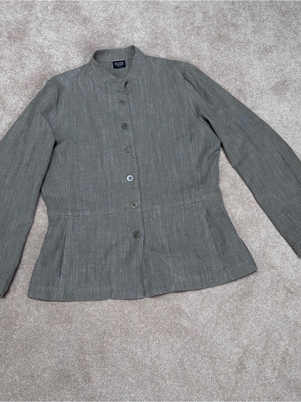 Eileen Fisher petite small blazer/jacket button  front peplum look grey EUC